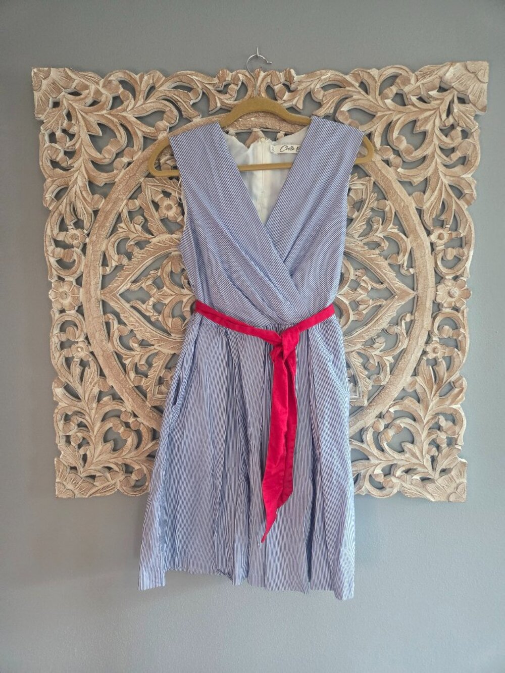 Chette B Lightweight, Lined Pin-Stripe Blue Cotton Dress Size 12